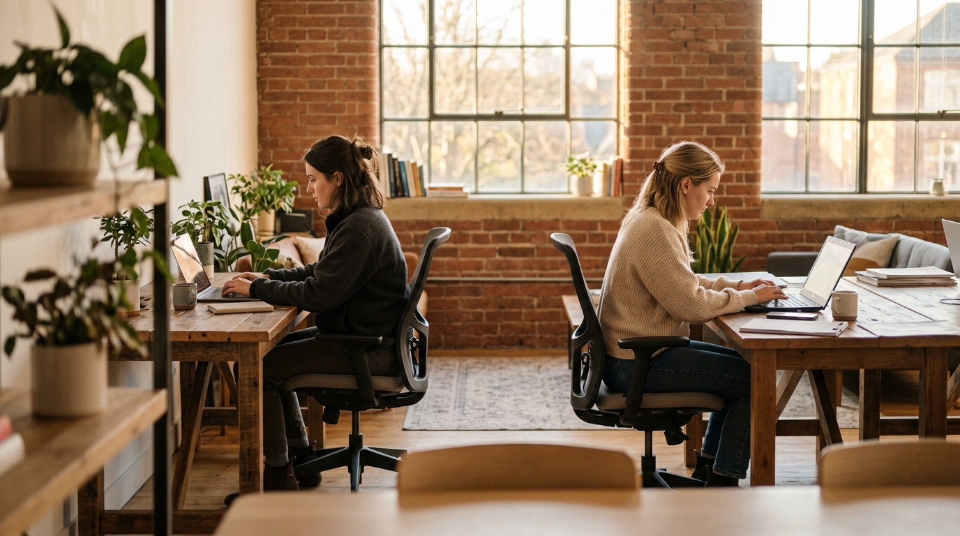 Two developers at separate desks, each working on a laptop